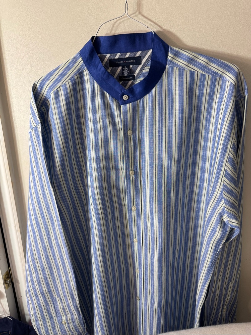 Tommy Hilfiger Blue and mint Striped Mandarin-Collar Shirt